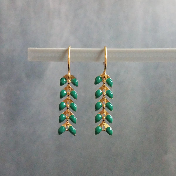 Teal V Shape Earrings, teal gold arrow inverted dangles, chevron shapes, small blue green herringbone earring, small long flexible fishbone