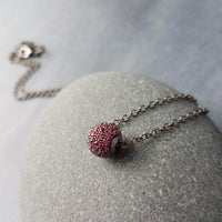 Ruby Red Crystal Ball Necklace, gunmetal fuchsia pendant, purple pink pave bead, round 8mm round slider pendant, thin silver black chain