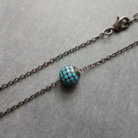 Gunmetal Turquoise Ball Necklace, blue CZ pendant, turquoise crystal pave bead, thin chain, 8mm ball, slider pendant, silver black chain