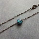 Gunmetal Turquoise Ball Necklace, blue CZ pendant, turquoise crystal pave bead, thin chain, 8mm ball, slider pendant, silver black chain