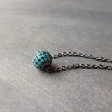 Gunmetal Turquoise Ball Necklace, blue CZ pendant, turquoise crystal pave bead, thin chain, 8mm ball, slider pendant, silver black chain