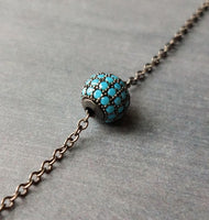 Gunmetal Turquoise Ball Necklace, blue CZ pendant, turquoise crystal pave bead, thin chain, 8mm ball, slider pendant, silver black chain