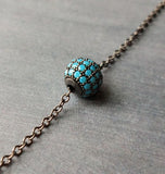Gunmetal Turquoise Ball Necklace, blue CZ pendant, turquoise crystal pave bead, thin chain, 8mm ball, slider pendant, silver black chain