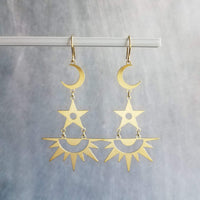 Gold Moon Star Earrings, sun earrings, sky earrings, celestial earring, crescent moon earring, gold star, large brass chandelier dangle stacked