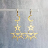 Gold Moon Star Earrings, sun earrings, sky earrings, celestial earring, crescent moon earring, gold star, large brass chandelier dangle stacked