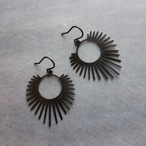 Black Spike Earrings, sunrise earrings, sunset earrings, black dangle earrings, long spiky earring, all black earring, matte black hooks