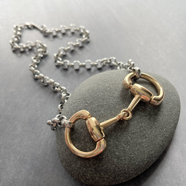 Silver Chain Gold Snaffle Bit Necklace, chunky silver stainless steel chain, equestrian horse necklace D ring thick O link chain mixed metal