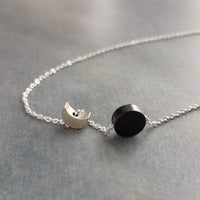 Sun Moon Necklace, silver solar eclipse necklace, delicate chain, celestial jewelry, moon shadow necklace, black silver crescent new moon