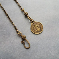 Antique Brass Rolo Chain, bronze St Benedict medal coin, Christian charm, front clasp necklace, vade retro satana protection cross pendant