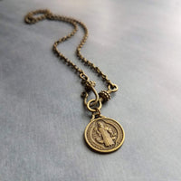 Antique Brass Rolo Chain, bronze St Benedict medal coin, Christian charm, front clasp necklace, vade retro satana protection cross pendant