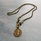 Antique Brass Rolo Chain, bronze St Benedict medal coin, Christian charm, front clasp necklace, vade retro satana protection cross pendant
