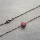 Ruby Red Crystal Ball Necklace, gunmetal fuchsia pendant, purple pink pave bead, round 8mm round slider pendant, thin silver black chain