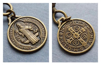 Antique Brass Rolo Chain, bronze St Benedict medal coin, Christian charm, front clasp necklace, vade retro satana protection cross pendant
