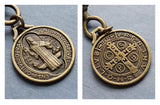 Antique Brass Rolo Chain, bronze St Benedict medal coin, Christian charm, front clasp necklace, vade retro satana protection cross pendant