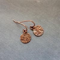 Copper Tag Earrings, small hammered circle, antique copper round coin disc, little simple hook, textured lightweight minimalist dangle