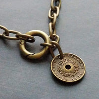 Antique Bronze Chunky Chain Necklace, replica coin charm pendant, brass link necklace, thick lightweight chain, big round front clasp clip