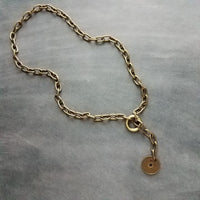 Antique Bronze Chunky Chain Necklace, replica coin charm pendant, brass link necklace, thick lightweight chain, big round front clasp clip