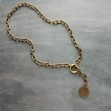 Antique Bronze Chunky Chain Necklace, replica coin charm pendant, brass link necklace, thick lightweight chain, big round front clasp clip