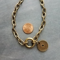 Antique Bronze Chunky Chain Necklace, replica coin charm pendant, brass link necklace, thick lightweight chain, big round front clasp clip