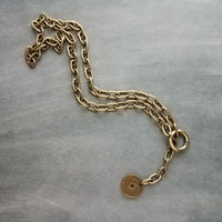 Antique Bronze Chunky Chain Necklace, replica coin charm pendant, brass link necklace, thick lightweight chain, big round front clasp clip