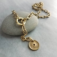Antique Bronze Chunky Chain Necklace, replica coin charm pendant, brass link necklace, thick lightweight chain, big round front clasp clip