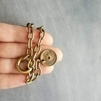 Antique Bronze Chunky Chain Necklace, replica coin charm pendant, brass link necklace, thick lightweight chain, big round front clasp clip