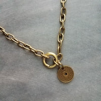 Antique Bronze Chunky Chain Necklace, replica coin charm pendant, brass link necklace, thick lightweight chain, big round front clasp clip