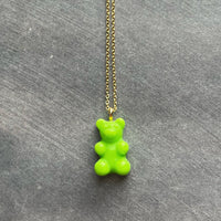 Lime Green Gummy Bear Necklace, green candy bear charm, candy necklace, dainty gold chain, little gummy bear gift, small bear pendant, treat