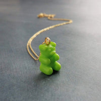 Lime Green Gummy Bear Necklace, green candy bear charm, candy necklace, dainty gold chain, little gummy bear gift, small bear pendant, treat