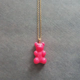 Hot Pink Gummy Bear Necklace, pink candy bear charm, candy necklace, dainty gold chain, little gummy bear gift, small bear pendant, treat