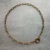 Antique Brass Thick Chain, replica coin horse pendant charm, antique bronze chunky link necklace, big round front clasp, birthday girl gift