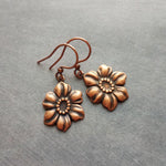 Copper Tropical Flower Earrings, flower dangles, antique copper flowers, copper flower charms, clearance sale jewelry, wife girl small gift