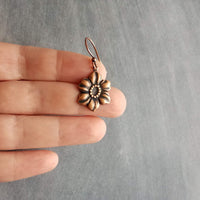 Copper Tropical Flower Earrings, flower dangles, antique copper flowers, copper flower charms, clearance sale jewelry, wife girl small gift