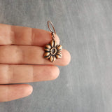 Copper Tropical Flower Earrings, flower dangles, antique copper flowers, copper flower charms, clearance sale jewelry, wife girl small gift