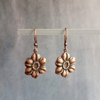 Copper Tropical Flower Earrings, flower dangles, antique copper flowers, copper flower charms, clearance sale jewelry, wife girl small gift