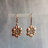 Copper Tropical Flower Earrings, flower dangles, antique copper flowers, copper flower charms, clearance sale jewelry, wife girl small gift