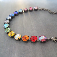 Happiness Bracelet, rainbow colors bracelet, large crystal bracelet, gunmetal chain, ROYGBIV crystal, chunky chain, happy cheer gift girls