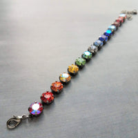 Happiness Bracelet, rainbow colors bracelet, large crystal bracelet, gunmetal chain, ROYGBIV crystal, chunky chain, happy cheer gift girls