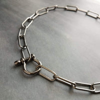 Big Paperclip Chain Necklace, gunmetal chain, thick front clasp necklace, chunky chain, screw shackle horseshoe clasp large oval black chain