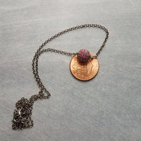 Ruby Red Crystal Ball Necklace, gunmetal fuchsia pendant, purple pink pave bead, round 8mm round slider pendant, thin silver black chain