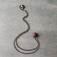 Ruby Red Crystal Ball Necklace, gunmetal fuchsia pendant, purple pink pave bead, round 8mm round slider pendant, thin silver black chain