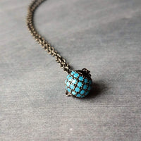 Gunmetal Turquoise Ball Necklace, blue CZ pendant, turquoise crystal pave bead, thin chain, 8mm ball, slider pendant, silver black chain