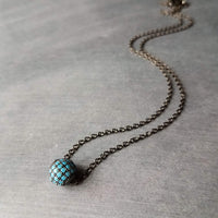 Gunmetal Turquoise Ball Necklace, blue CZ pendant, turquoise crystal pave bead, thin chain, 8mm ball, slider pendant, silver black chain