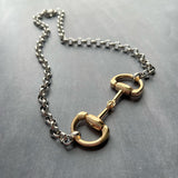 Silver Chain Gold Snaffle Bit Necklace, chunky silver stainless steel chain, equestrian horse necklace D ring thick O link chain mixed metal