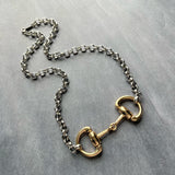 Silver Chain Gold Snaffle Bit Necklace, chunky silver stainless steel chain, equestrian horse necklace D ring thick O link chain mixed metal