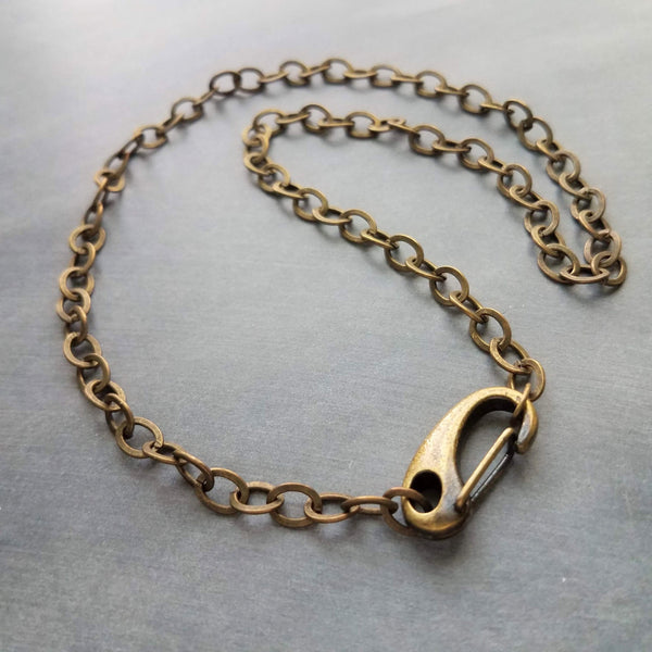 Thick Bronze Chain Necklace, big front clasp chain, punk antique brass necklace, chunky lobster claw carabiner clip, trendy flat O link
