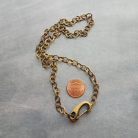 Thick Bronze Chain Necklace, big front clasp chain, punk antique brass necklace, chunky lobster claw carabiner clip, trendy flat O link