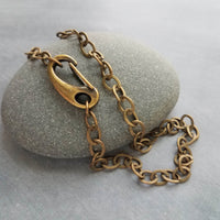 Thick Bronze Chain Necklace, big front clasp chain, punk antique brass necklace, chunky lobster claw carabiner clip, trendy flat O link