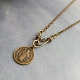 Antique Brass Rolo Chain, bronze St Benedict medal coin, Christian charm, front clasp necklace, vade retro satana protection cross pendant