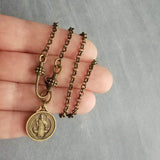 Antique Brass Rolo Chain, bronze St Benedict medal coin, Christian charm, front clasp necklace, vade retro satana protection cross pendant
